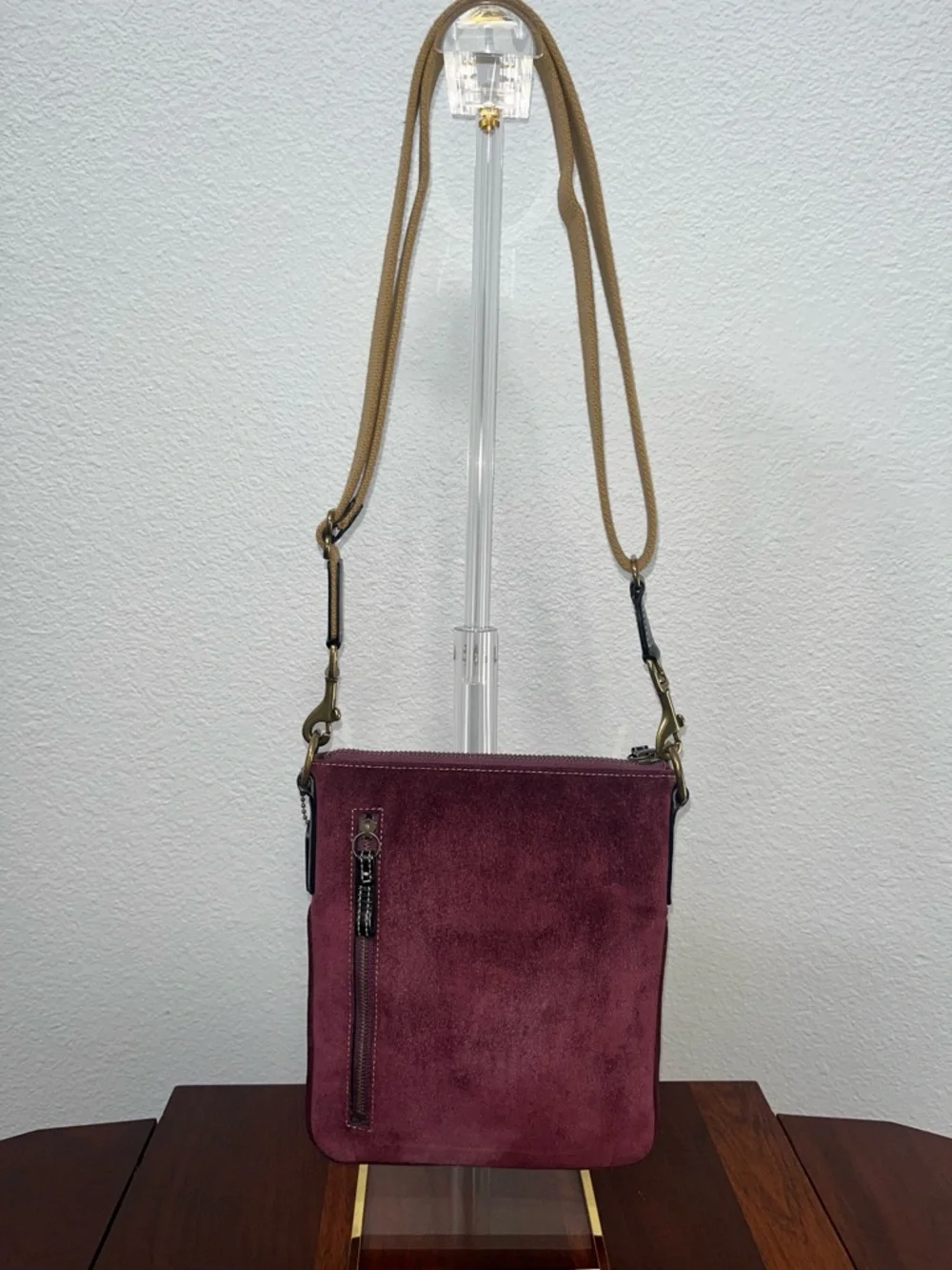 Coach Burgundy Suede Crossbody Bag with Black Trim & Gold Hardware